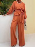 Momentlover Solid Color Long Sleeves Round-Neck Pleated Tied Waist Elasticity Blouses Top + High Waisted Wide Leg Pants Bottom Two Pieces Set