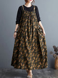 Momentlover Artistic Retro Ramie Cotton Loose 3 Colors Floral Printed Square-Neck Sleeveless Strap Dress