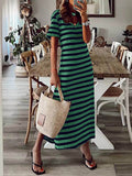 Momentlover Striped Split-Side Printed Short Sleeves Loose V-Neck Midi Dresses
