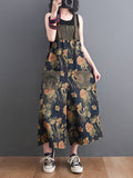 Momentlover Split-Joint Floral Printed Buttoned Wide Leg Oversize Overalls Ninth Pants