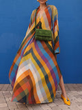 Momentlover Long Sleeves Loose Contrast Color Split-Side V-Neck Maxi Dresses