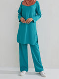 Momentlover Solid Color Long Sleeves Pockets Split-Side Round-Neck Shirts Top + Pants Bottom Two Pieces Set