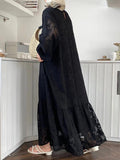 Momentlover Tied Waist Split-Joint Solid Color Pleated Flower Print Puff Sleeves Loose Round-Neck Maxi Dresses