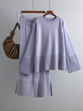 Momentlover Casual Long Sleeves Loose Solid Color Round-Neck Sweater Tops & Wide Leg Pants Two Pieces Set