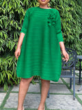 Momentlover Vacation Long Sleeves A-Line Pleated Solid Color Round-Neck Midi Dresses