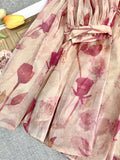 Momentlover Tiered Lace-Up Floral Printed Puff Sleeves Loose Cold Shoulder Mini Dresses