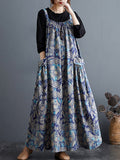 Momentlover Artistic Retro Ramie Cotton Loose 3 Colors Floral Printed Square-Neck Sleeveless Strap Dress