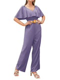 Momentlover Split-Joint Solid Color Ruffle Sleeves High Waisted V-Neck Jumpsuits