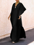 Momentlover Batwing Sleeves Loose Solid Color Split-Side V-Neck Maxi Dresses