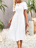 Momentlover Solid Color Elastics Short Sleeves Loose Round-neck Midi Dresses