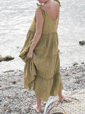 Momentlover Solid Color Sleeveless Loose V-Neck Midi Dresses