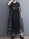 Momentlover Split-Joint Gauze Asymmetric Short Sleeves Loose Round-Neck Midi Dresses