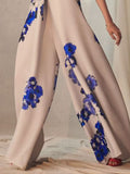 Momentlover Loose Wide Leg Flower Print Pleated Wide Side Tube Jumpsuits Bottoms