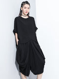 Momentlover Loose Solid Color Round-Neck Short Sleeves  Tops+ Elasticity Pleated Cropped Pants Two Pieces Set