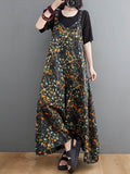 Momentlover Loose Artistic Retro Ramie Cotton Floral Printed V-Neck Overalls