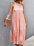 Momentlover Split-Joint Solid Color Pleated Hollow Sleeveless Loose Halter-Neck Midi Dresses
