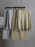 Momentlover Urban Long Sleeves Solid Color Half Turtleneck Sweater Tops & Wide Leg Pants Two Pieces Set
