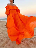 Momentlover Loose Puff Sleeves Pleated Solid Color Off-The-Shoulder Maxi Dresses