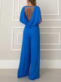 Momentlover Solid Color Hollow Backless Wide Leg High-Low Round-Neck Jumpsuits Bottoms