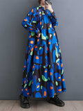 Momentlover Split-Joint Printed Pleated Buttoned Loose Long Sleeves Round-Neck Midi Dresses