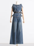 Momentlover Asymmetric Boat Neck Fringed Vest Top+ Belted High Waisted Jeans Bottom Two Pieces Set