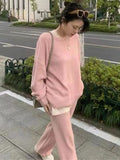 Momentlover Casual Loose Solid Color Round-Neck Sweater Tops & Wide Leg Pants Suits