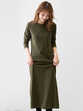 Momentlover Simple Solid Color Round-Neck A-Line Midi Dress