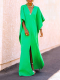 Momentlover Batwing Sleeves Loose Solid Color Split-Side V-Neck Maxi Dresses