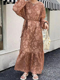 Momentlover Tied Waist Split-Joint Solid Color Pleated Flower Print Puff Sleeves Loose Round-Neck Maxi Dresses