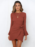 Momentlover Simple Long Sleeves Skinny Tied Falbala Solid Color Round-Neck Mini Dresses