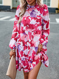 Momentlover Tied Split-Joint Printed Puff Sleeves Loose Mock Neck Mini Dresses