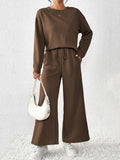 Momentlover Solid Color Long Sleeves Loose Round-Neck Shirts Top + Drawstring Pants Bottom Two Pieces Set
