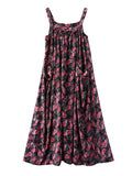Momentlover Artistic Retro Ramie Cotton Loose 3 Colors Floral Printed Square-Neck Sleeveless Strap Dress