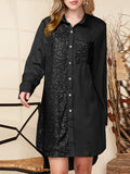 Momentlover Sequined Pockets Buttoned Asymmetric Loose Long Sleeves Lapel Shirt Dress Mini Dresses
