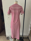Momentlover Striped Split-Side Printed Short Sleeves Loose V-Neck Midi Dresses
