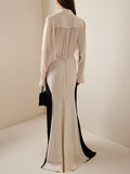 Momentlover Contrast Color Loose Long Sleeves V-neck Maxi Dresses Evening Dresses