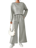 Momentlover Solid Color Long Sleeves Loose Round-Neck Shirts Top + Drawstring Pants Bottom Two Pieces Set