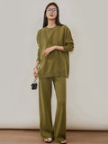 Momentlover Urban Loose Solid Round-Neck Vest Top& V-Neck Sweater Tops& Wide Leg Pants Three-Piece Set
