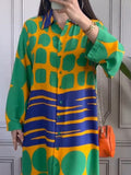 Momentlover Printed Buttoned Loose Long Sleeves Lapel Shirt Dress Maxi Dresses