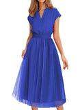 Momentlover Solid Color Short Sleeves Loose V-Neck Midi Dresses