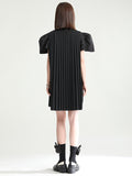 Momentlover Urban Puff Sleeves Split-Joint Black Pleated Mini Dress