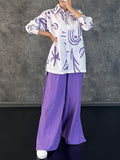 Momentlover Lapel Printed High-Low Buttoned Blouse+ Elasticity High Waisted Split-Side Pants Bottom Two Pieces Set
