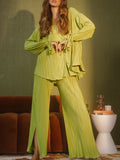 Momentlover Drawstring Pleated Flared Sleeves Long Sleeves Buttoned Solid Color Split-Side Lapel Shirts Top + Pants Bottom Pajama Sets