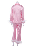Momentlover Split-Joint Long Sleeves Buttoned Feathers Notched Collar Shirts Top + Pants Bottom Pajama Sets