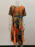 Momentlover Printed Short Sleeves Loose Round-Neck Midi Dresses