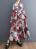 Momentlover Long Sleeves Loose Floral Printed Round-Neck Midi Dresses