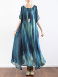 Momentlover Artistic Retro 2 Pieces Printed Round-Neck Loose Maxi Dress