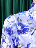 Momentlover Long Sleeves Floral Printed Blouse + Split-Back Solid Color Skirt Two Pieces Set
