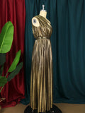 Momentlover Solid Color Shiny Pleated Asymmetric Sleeveless Plus Size One-shoulder Maxi Dresses