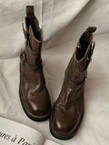 Momentlover Zipper Split-Joint Round-Toe Belt Buckle Boots